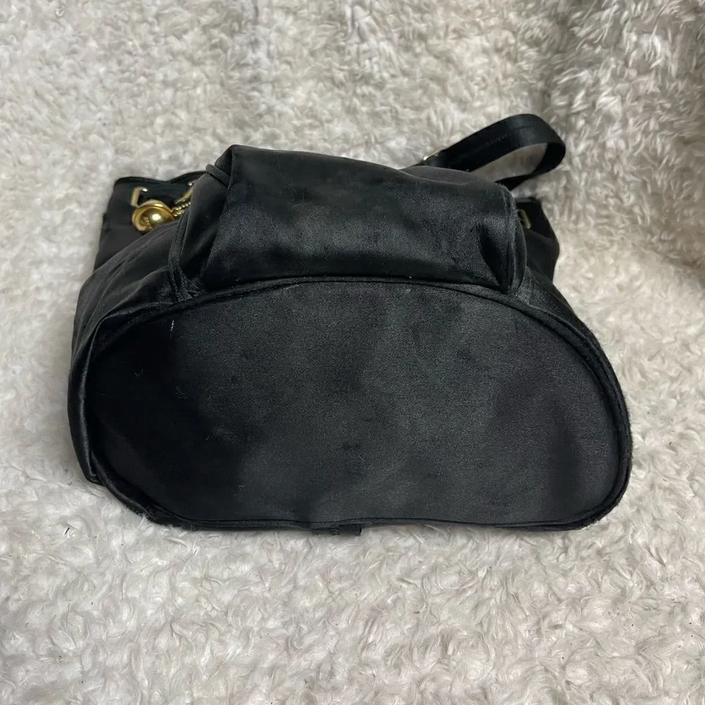 ANN KLEIN II Black Satin medium sling back brass accents .